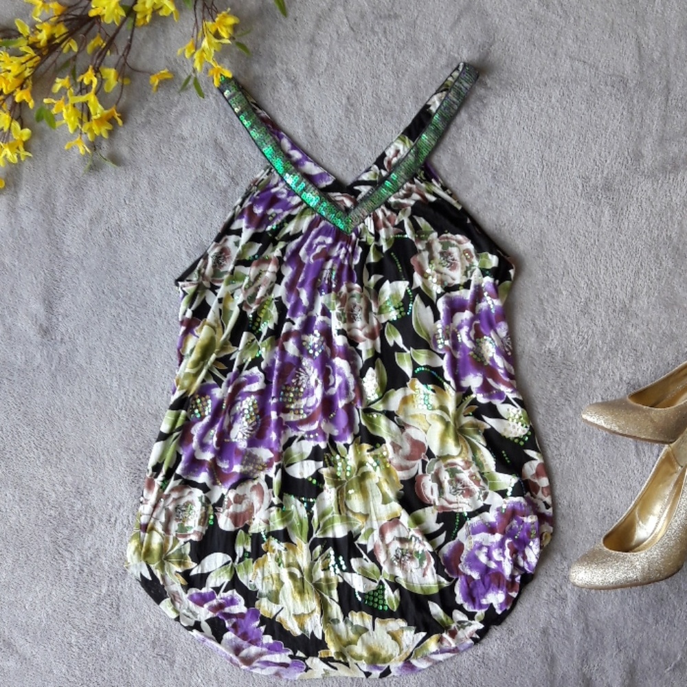 Free People Purple Floral Sequin V Neck Tank Top
